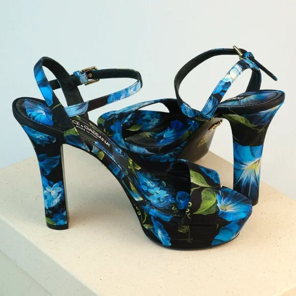 Dolce & Gabbana Keira Floral Ankle Strap Platform Sandals, Blue, Size 40 - Picture 7 of 13